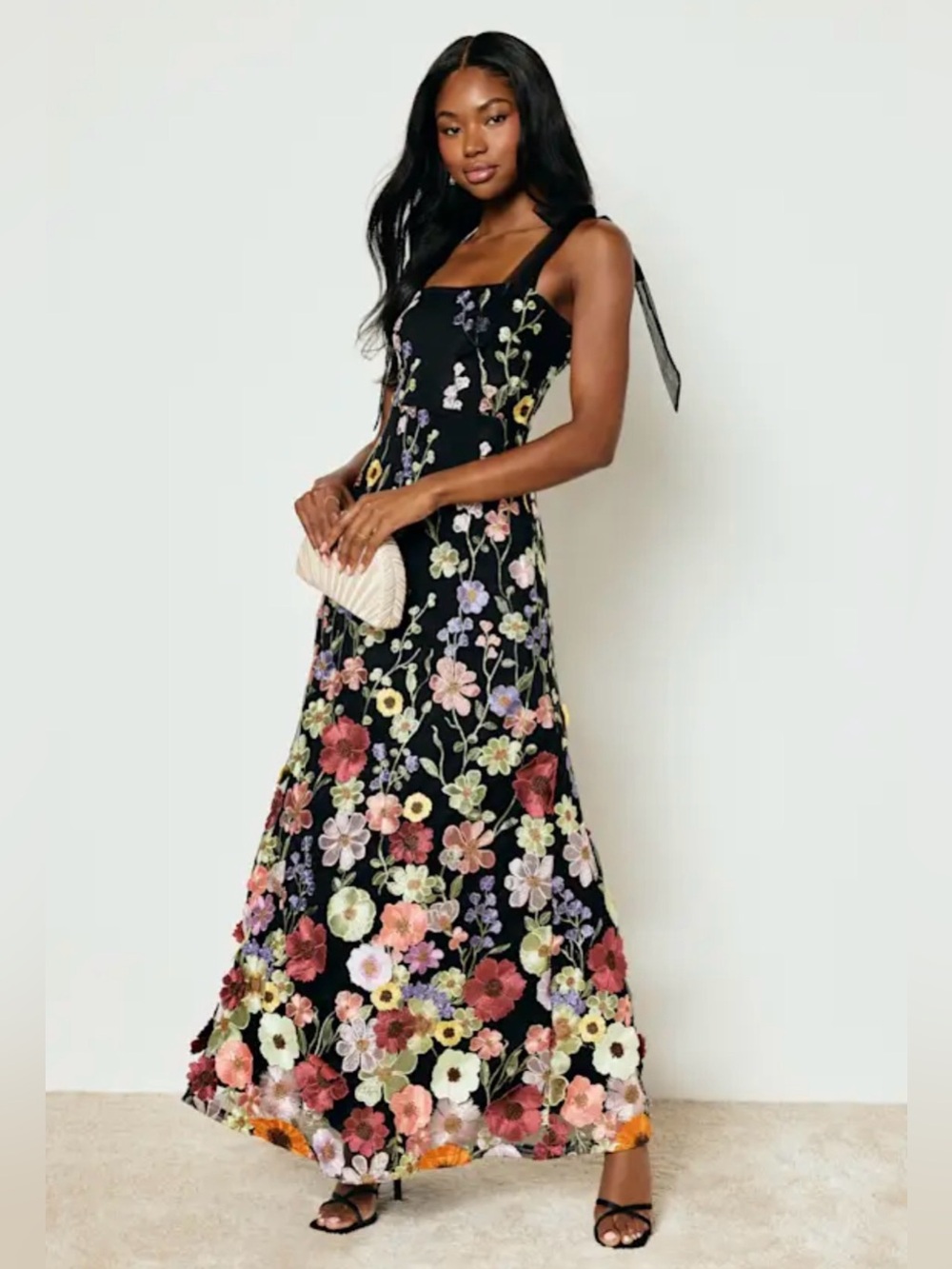 New Lulus Thriving Poise Black 3D Floral Embroidered Tie-Strap Maxi Dress- L